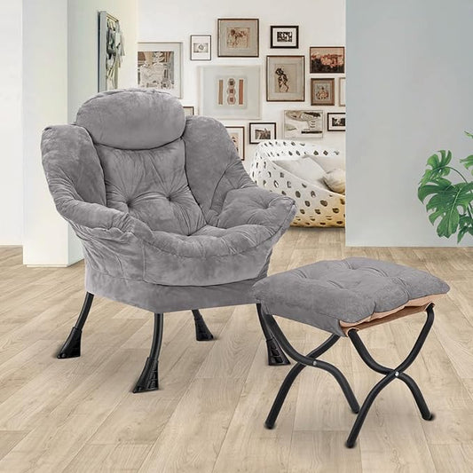 Lazy Chair with Folding Ottoman,Leisure Sofa Chair,Soft Fabric Armchair with Armrests and Side Pockets, Reading Chair with Footrest for Living Room, Bedroom, Office (Plush Light Grey)