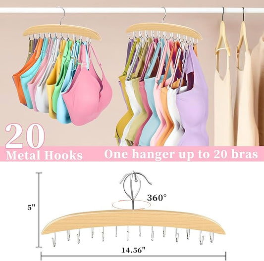 Bra Organizer for Closet, 360° Rotating Bra Hanger Space Saving w/20 Foldable Metal Hooks, Tank Top Hanger Closet Organizers and Storage for Camisoles/Tank Tops/Bras/Belts/Scarves Wood
