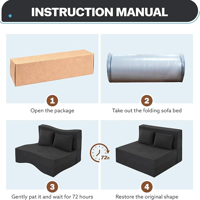 Fvkind Folding Sofa Bed, 4 in 1 Convertible Sleeper Sofa Bed Chair with Pillow, Twin Memory Foam Loveseat Futon Sleeper Chair, Foldable Futon Couch for Living Room, Bedroom, Guest Room, Dark Grey
