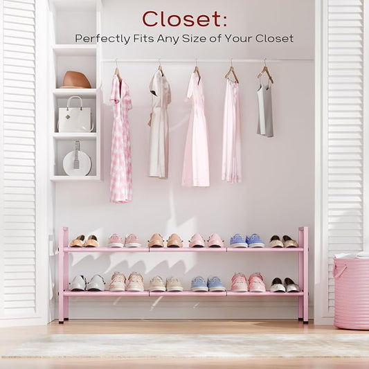 Bumusty 2-Tier Long Expandable Shoe Rack for Closet, 18"-44" Adjustable Shoe Rack for Entryway, 10-12 Pairs Large Shoe Organizer Shelf Storage, Sturdy Metal, Pink