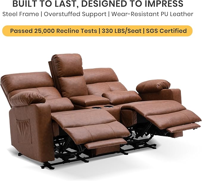 GUEAPY 68" Power Reclining Loveseat with Heat & Massage, Wall Hugger Double Reclining Sofa with Console, Cup Holders & Storage, Power Reclining Couch for Camper, Trailer, RV, Home Theater Living Room