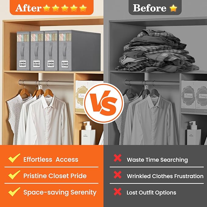 WOWBOX Sheet Organizers and Storage,Closet Bed Sheet Organizer Under Bed Storage and Organization with Label Cards & Clear Window for Bedding Sheets,Duvet Covers,Blankets (6 Pack,Gray)