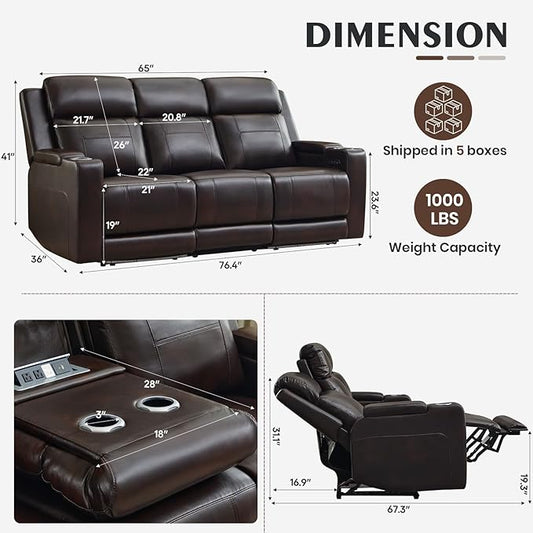 Power Recliner Sofa with Adjustable Headrest, Electric Reclining Couch with LED Light/Armrest Storage, USB & Type-C, Power Loveseat Recliner Sofa for Living Room, Bedroom(Brown, 3 Seater)