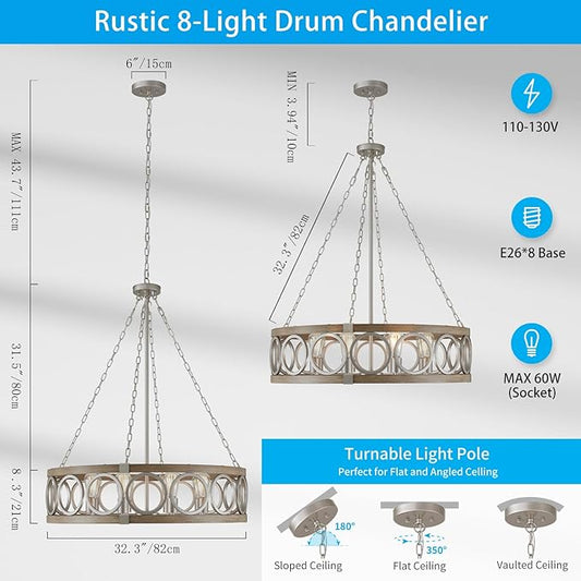 XINGQI 8-Light Modern Chandelier Large Round Drum Chandeliers for Dining Room 32.3" Rustic Pendant Brushed Nickel Light Fixture Over Table Farmhouse Metal Wood Grain Finish