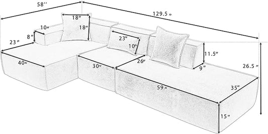 Ball & Cast 129" Tofu Block Modular Sofa Set with Left-Hand Facing Chaise,Modern Sectional Couch W/Square Armrest & Pillows,Free Combination,Italian Minimalist Style,for Livingroom,Beige Terrycloth