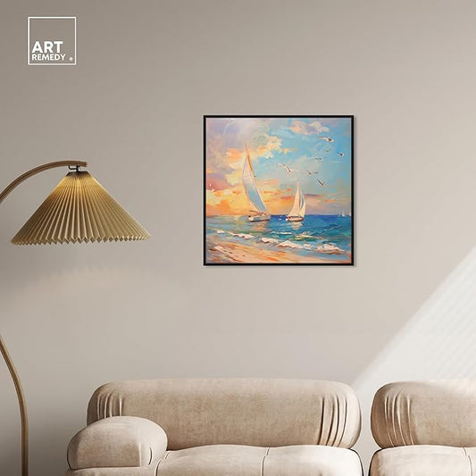 Art Remedy Sailboats In The Sunset Framed Sailing 1 Piece Canvas Wall Art, 25" x 25", Black Frame