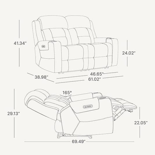 Watson & Whitely Genuine Leather Power Loveseat Recliner Sofa, Lay Flat Loveseat Reclining Sofa with Power Headrest, Cup Holders, USB & Type-C Ports, Dual Recliners for Living Room, Navy Blue