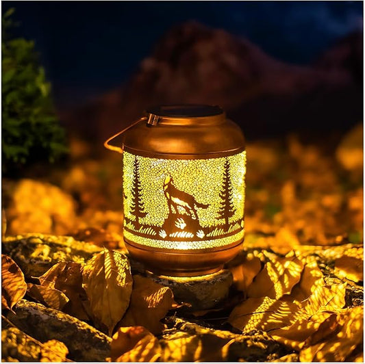 Wolf Solar Lanterns Outdoor Waterproof Hanging Solar Lights Wolf Gifts for Men/Women/Wolf Lovers Gifts Metal Decorative LED Wolf Lanterns for Garden Decor,Patio,Lawn,Pathway,Yard