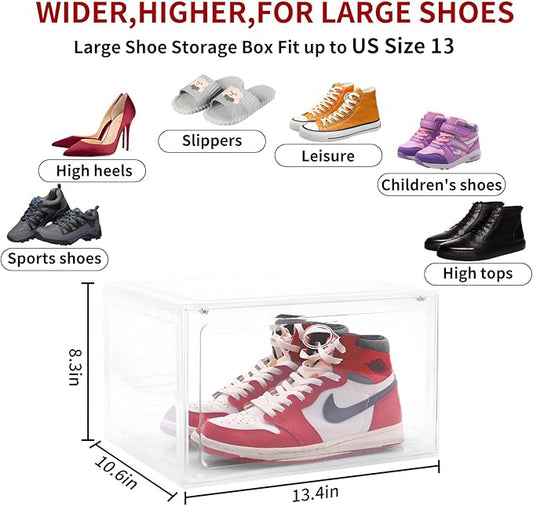 Large Shoe Boxes Clear Plastic Stackable, 8 Pack Drop Side Shoe Storage Organizer with Magnetic Door, Shoe Container Sneaker Storage Display Case Fit up to US Size 13 CLEAR
