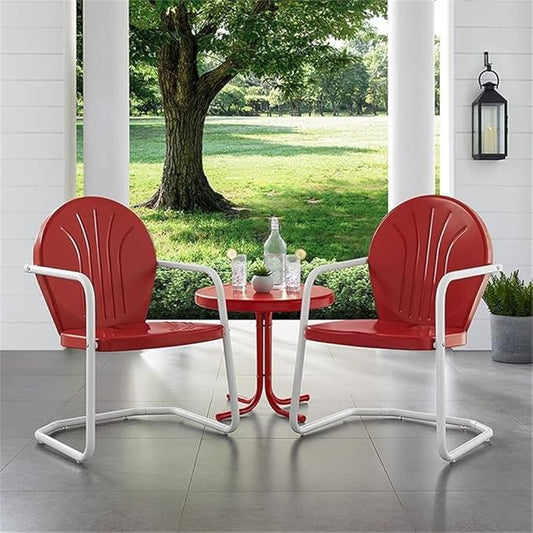 Crosley Furniture Griffith 3-Piece Outdoor Chair and Side Table Set, Retro Metal Bistro Patio Sets for Porch, Red