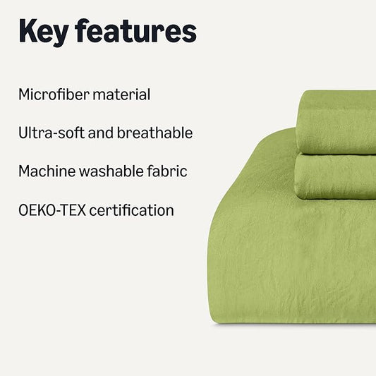 Amazon Basics Brushed Microfiber Comforter Set, Extra Soft with Natural Texture, 3-Piece, King, Green