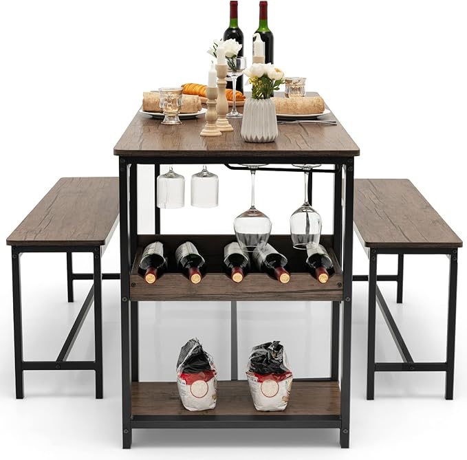 Giantex Dining Table Set for 4, 3-Piece 55" L Kitchen Table Set w/ 2 Benches, Breakfast Table w/ 5-Bottle Wine Rack & Glass Holder, Space-Saving Dinette Set for Dining Room, Kitchen, Apartment