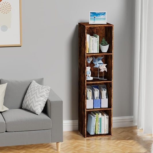 4 Tier Bookshelf, Freestanding Corner Storage Shelve Book Case for Narrow Space, 4 Cube Storage Organizer Small Bookcase for Home Office Living Room (Retro Brown, 4 Cube)