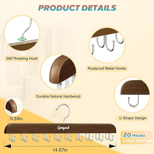 Bra Hanger for Closet, 2 Pack Tank Top Hangers w/20 Hooks Holds 40 Bras, Capacity Foldable Wood Space Saving Hanger, 360°Rotating Closet Organizers and Storage for Dorm & Apartment(Brown)