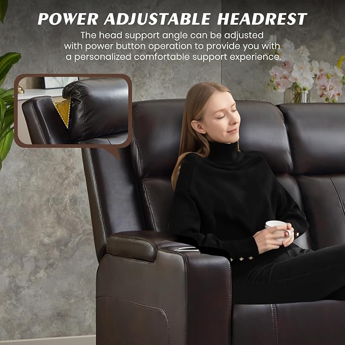 Netpane Power Reclining Sofa Set with LED/Adjustable Headrest, Power Recliner Sofa and Loveseat Set with Wireless Charger/Armrest Storage Console for Living Room/HomeTheater Seating (Brown&Black)