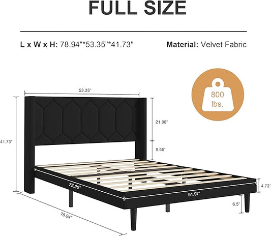 Full Size Bed Frame with Velvet Upholstered Headboard, Platform Bed Frame No Box Spring Needed, Modern Bedframe with Strong Wooden Slats, Black