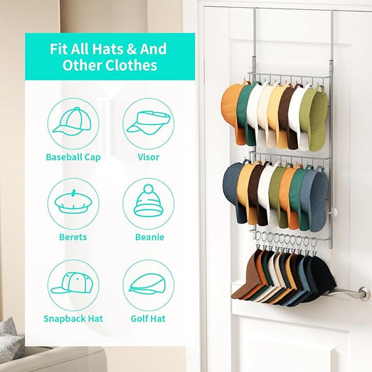 HapiRm Over Door Hat Rack - 3 Tier Wall Mounted Hat Organizer with 16 Hooks and 10 Movable Clips, Cap Hanger Storage up to 26 Caps for Door, Bedroom, Closet USPTO Patent Pending(Silver)