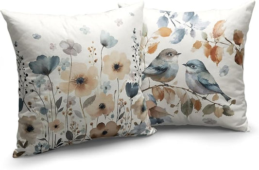 Fall Flower Bird Chinoiserie Pillow Covers 20x20 Set of 2 Burnt Orange and Blue Flowers Leaves Decorative Throw Pillows Covers Autumn Outdoor Cushion Cases for Home Couch Sofa