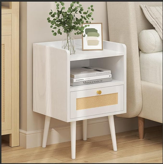 Night Stand Set 2, Nightstands Set of 2 with Charging Station, Rattan Side Tables with Solid Wood Legs, Boho Bedside End Table for Farmhouse Bedroom Dorm Small Space - White