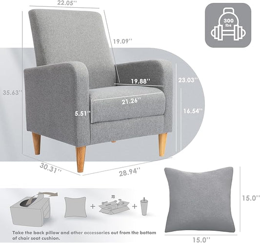 COLAMY Fabric Accent Living Room Chairs Set of 2, Upholstered Arm Chair Reading Side Chair, Single Sofa with Back Pillow and Wood Legs, Light Grey
