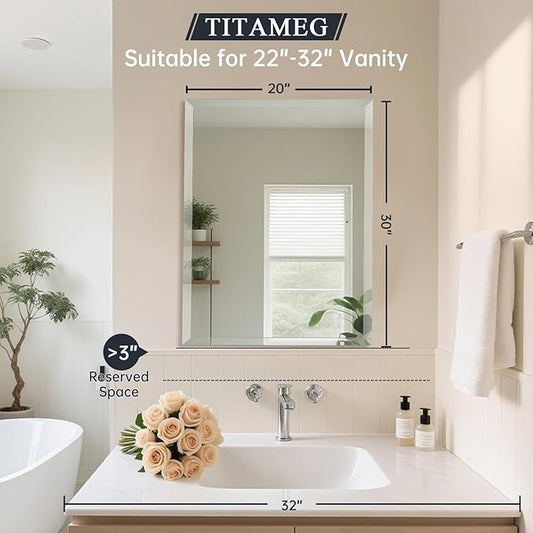 20x30 Inch Frameless Wall Mirror with 1" Beveled Edge, Frameless Rectangle Mirror for Bathroom, Vanity, Living Room