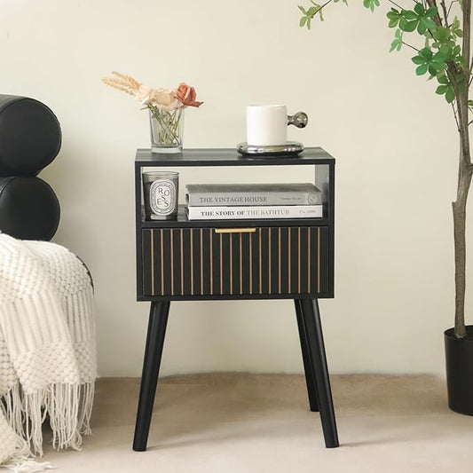 MaxSmeo Black Nightstand with Drawer, Mid Century Modern Bedside Table with Open Shelf Storage, End Table with Solid Wood Legs, Black