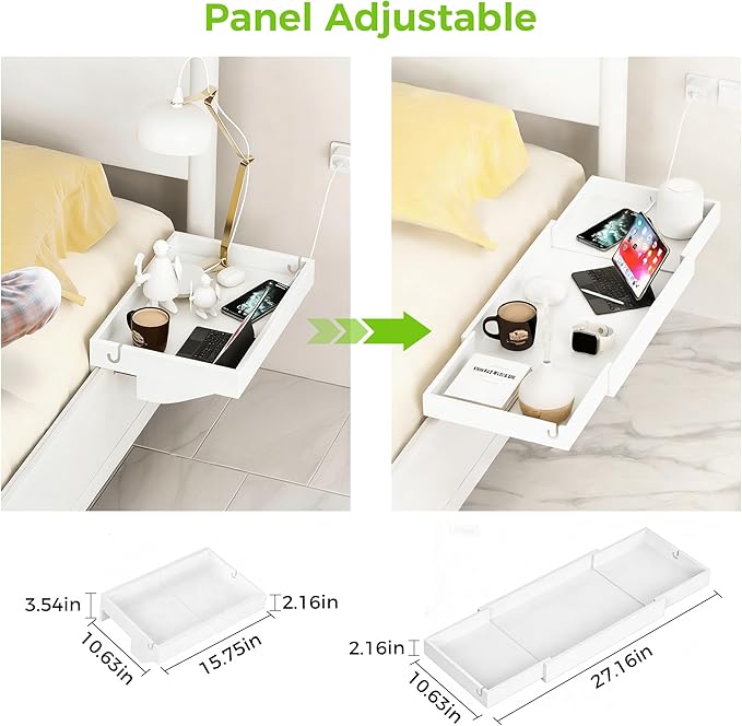 MinBoo Expandable Nightstand Shelf Bamboo College Caddy for Top Bunk Clip Bedside Shelf Floating Bed Side Table Tray Storage Dorm Room Decor College,White