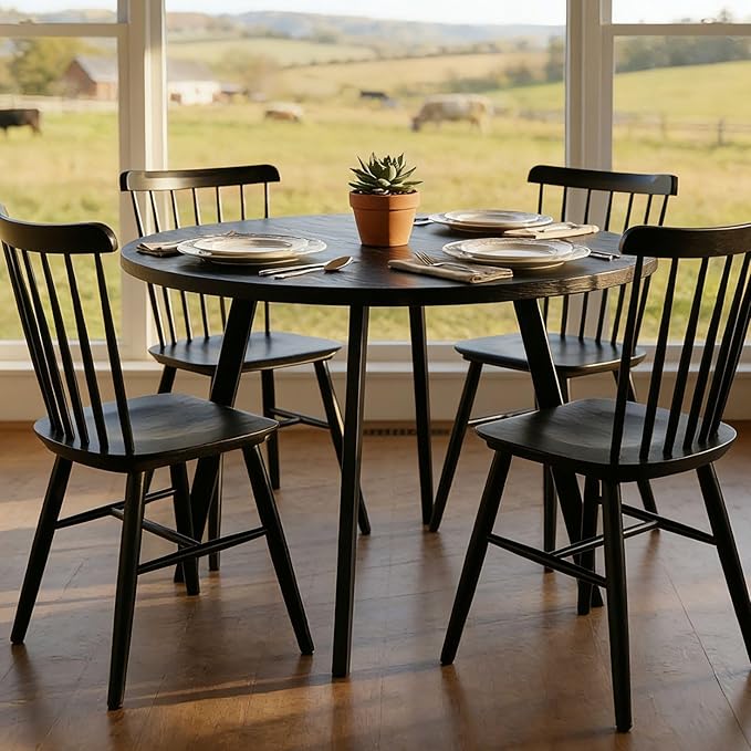 Karl home 35.4in Small Round Dining Table with Wood Finish Steel Legs, Circle Dinner Table for Small Space, Apartment, Office, Kitchen, for 2 to 4 Person - Black