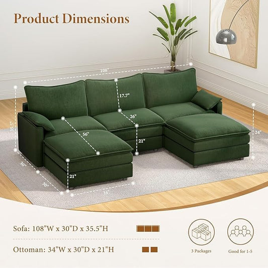 Vesgantti 108" U Shaped Sectional Couch, Comfy Cloud Modular Sectional Sofa with 2 Ottoman Deep Seat Chenille Modern Cloud Sofa, Modular Sofas for Living Room, Bedroom and Apartment, Green | Sink-in Comfort, Height Adjustable, Easy Rearrangement, Extra...