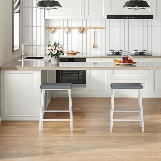 HOOBRO Bar Stools, Set of 2 Bar Chairs, Counter Height Bar Stools, 24 Inch Barstools for Kitchen Counter, PU Upholstered Kitchen Stools, for Kitchen, Bar, Dining Room, White and Gray WG01MD01