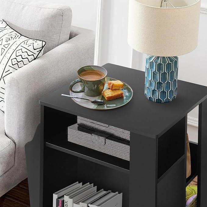 TooCust Rotating End Table with Storage, Square Rotating Side Table Living Room, Side Table with Magazine Holder, Basket and Cabinet, Swivel End Table with Multiple Storage (Black)