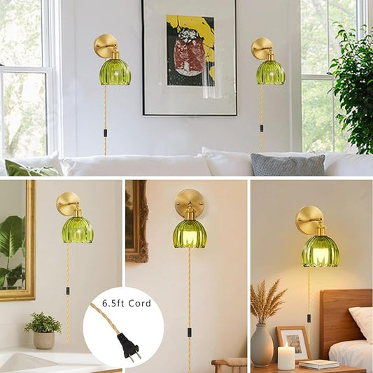 Glass Plug in Wall Sconces Set of 2, Vintage Wall Lamp with Plug in Cord Green Tulip Shade Decor Indoor, Gold Wall Light for Bedroom Bedside Kids Living Room Bathroom