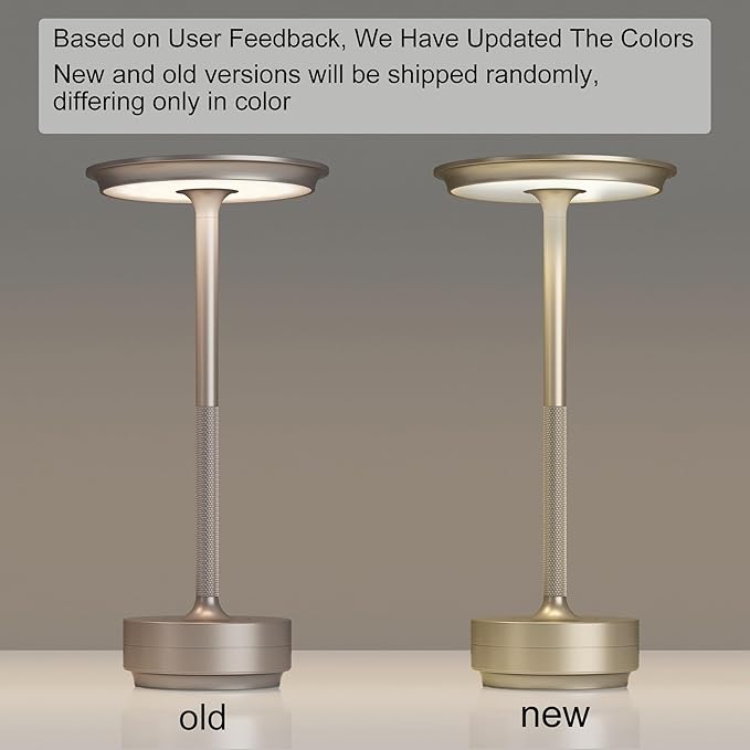 1 Pack Rechargeable Table Lamps Cordless, Portable 5000mAh Outdoor Table Light, 3 Color Stepless Dimming LED Table Lamp with Memory Function, for Home/Dinner/Patio/Restaurant.(Champagne Gold)
