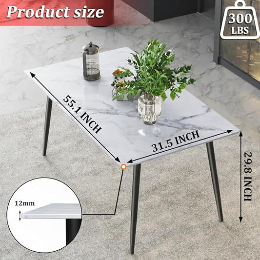 55" Modern Dining Table, Sintered Stone Dinning Table for 4-6 Peoples, Sintered Stone Dining Tabletop with Metal Legs, White Marble Dining Table for Dining Room, Backyard Heat Resistant(55.1"x31.5"