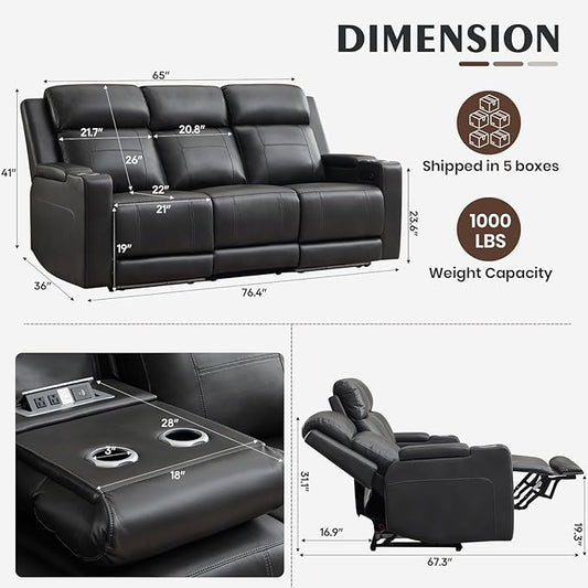 Power Reclining Sofa with Adjustable Headrest/LED Light, Electric Reclining Couch with Dual Ports, Storage, Outlet, Power Loveseat Recliner Sofa for Living Room,Apartment (Dark Grey, 3 Seater)