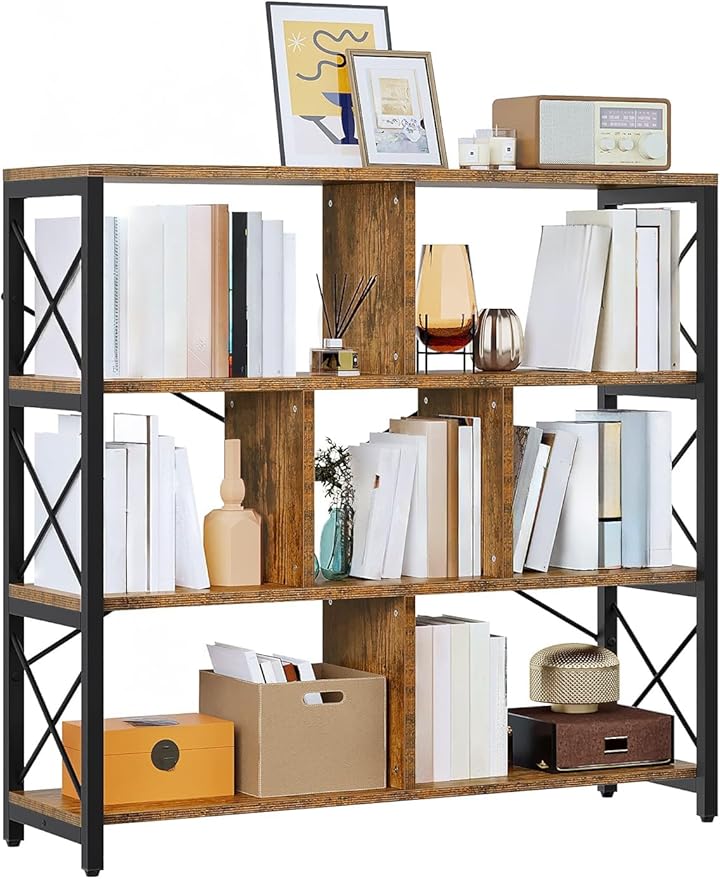 YITAHOME 4 Tier Bookshelf, Free Standing Cube Bookcases and Bookshelves, Industrial Furniture Wide Display Cabinet Open Storage Book Shelf for Living Room Bedroom Home Office, Rustic Brown