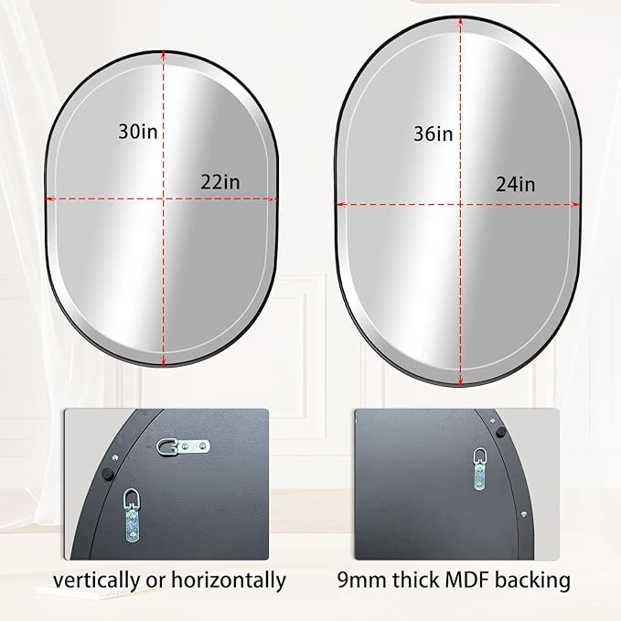 POZINO Oval Beveled Mirror, 24"x36" Bathroom Vanity Mirror Over Sink, Pill Shaped Capsule Wall Mounted Mirrors, Modern Oblong Mirrors for Living Room Bedroom Entryway, Hangs Vertically or Horizontally