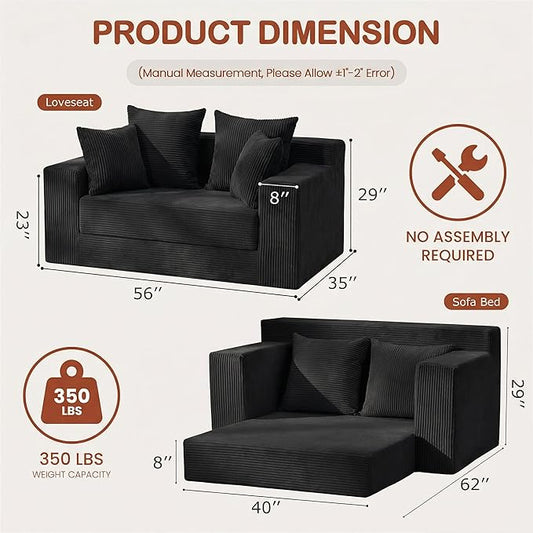 Convertible 5 in 1 Futon Sofa Bed Full Size, Corduroy Boneless Couch Sleeper Sofa with 4 Pillows, Foldable Pull Out Loveseat Floor Mattress for Living Room, Apartment, Small Space & Dorm