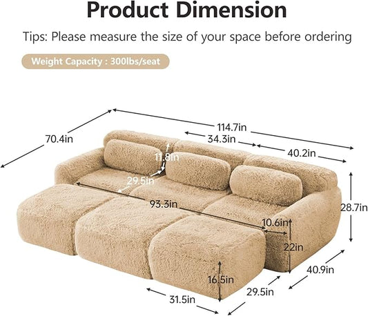 114.7" Sectional Sofa Bed, 6-Seater Modular Sleeper Boneless Couch with Movable Ottoman, Plush Convertible Sofa Set Deep Seat Couches for Living Room, Bedroom and Apartment, Light Khaki