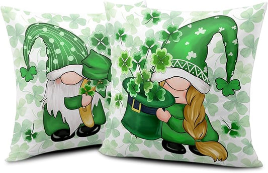 St Patricks Day Gnomes Throw Pillow Covers 16x16 Set of 2 Green Lucky Shamrock Decorative Pillow Cover St. Patrick's Clovers Bow Hat Cushion Cases Spring Rustic Outdoor Pillowcase for Couch Sofa