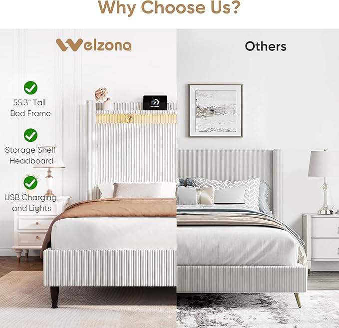 Queen Bed Frame with Tall Headboard, 55.3" Upholstered Platform Queen Size Bed Frame, Elegant Corduroy Wingback Bed with LED Lights & Charging Station, No Box Spring Needed, Solid Wood Slats, Cream