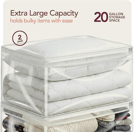 Clear Storage Bags with Zipper – Extra Large Fully Transparent Plastic Bag for Clothes Blankets Quilts Holiday Items Easy Visibility Durable Reusable Home Storage Solution, 20 Gallon Capacity, 2 Pack