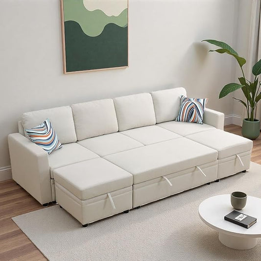 102 Inch Pull Out Couch, Convertible Sofa Bed for Living Room, Comfortable Sleeper Sofa with Pull Out Bed, Modern Sectional Couches with Ottoman Storage, Easy Assembly for Apartment, Off-White