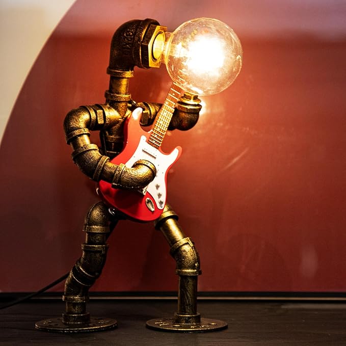 Music Guitar Table Lamp Art Decor ,Steampunk Table Lamp,Retro Guitars Steampunk lamp,Cool Industrial Metal Tube Robot Lamp Guitar Stuff Present for Men Music Lovers