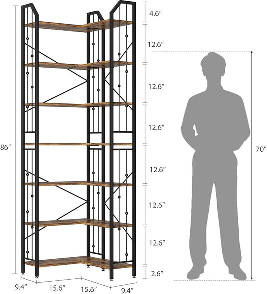 GarveeHome Corner Bookshelf 86" l Shaped Bookcase, Corner Bookshelves Industrial Bookcase 7 Tier l-Shape Bookshelf, Large Bookcases with Beaded Design Tall Display Rack Shelf for Living Room Bedroom