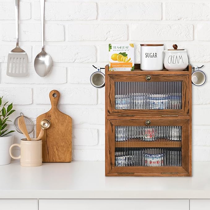 Ikee Design Rustic Wooden 2-Tier Countertop Storage Cabinet with Wavy Doors, Cupboard Organizer with Removable Bamboo Tea Tray, for Kitchen Pantry, Cups, Brown Color, 12.1W x 6.3D x 15.7H in