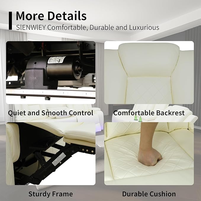 Power Leather Recliner Sofa Set with LED Light,Reclining Sofa and Loveseat,Leather Couch Set for 3 Seats Couch with Coffee Table/Loveseat with Storage Console 2 PCS for Living Room(White,3+2)