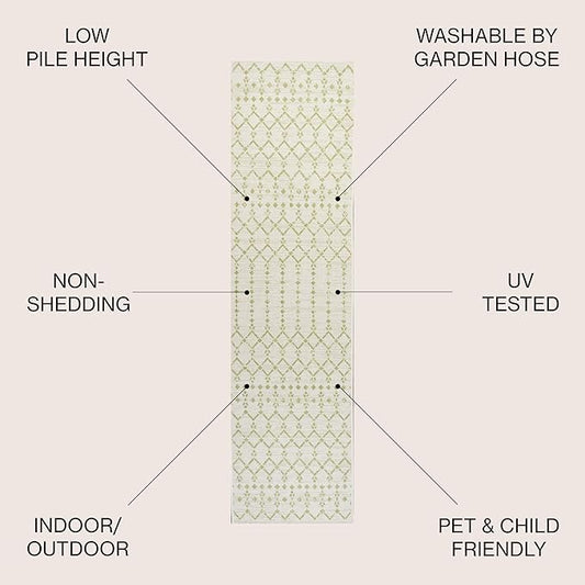 JONATHAN Y Moroccan Geometric Indoor Outdoor Runner Rug 2X10 Cream/Green, Ourika Textured Weave for Backyard, Patio, Porch, Easy-Cleaning, High Traffic, Pet-Friendly, Non-Shedding (SMB108M-210)
