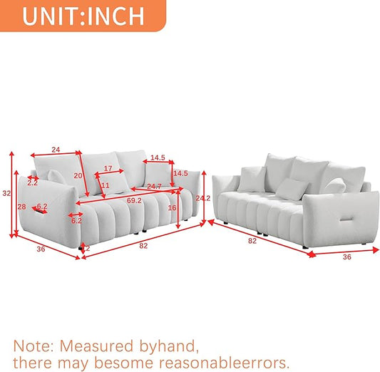 2 Pieses Modern Sofa Sets Luxury Teddy Upholstered Golden Element Accents Armrests Tufted Sofa&Couch Include 3 Seater Couches and 12 Pillows for Living Room, Bedroom, Apartment and Office Furniture