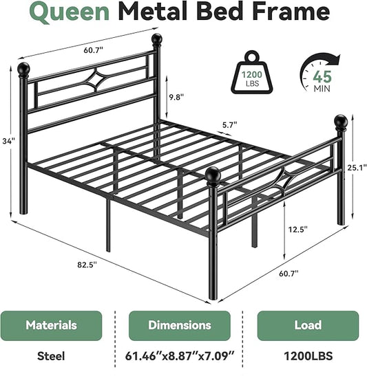 BedsPick Queen Bed Frame with Headboard and Footboard, Metal Platform Bed Frame with Round Corner Ball, 1200 LBS Heavy Duty Steel Slats Support, No Box Spring Needed/Noise-Free/Easy Assembly, Black
